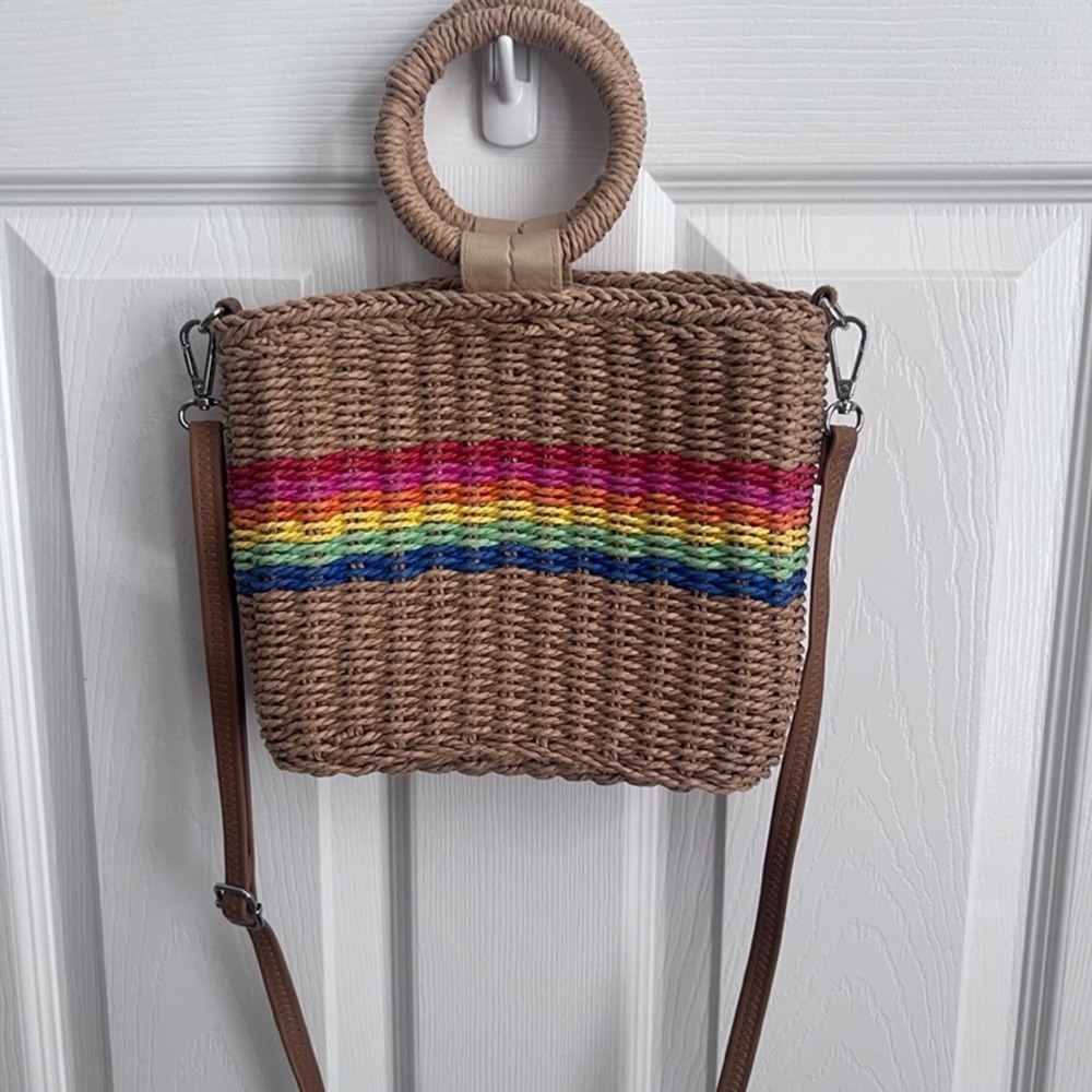 Straw Woven‎ Tote Bag Rainbow Stripe Top Handle Crossbody Purse - Picture 10 of 14